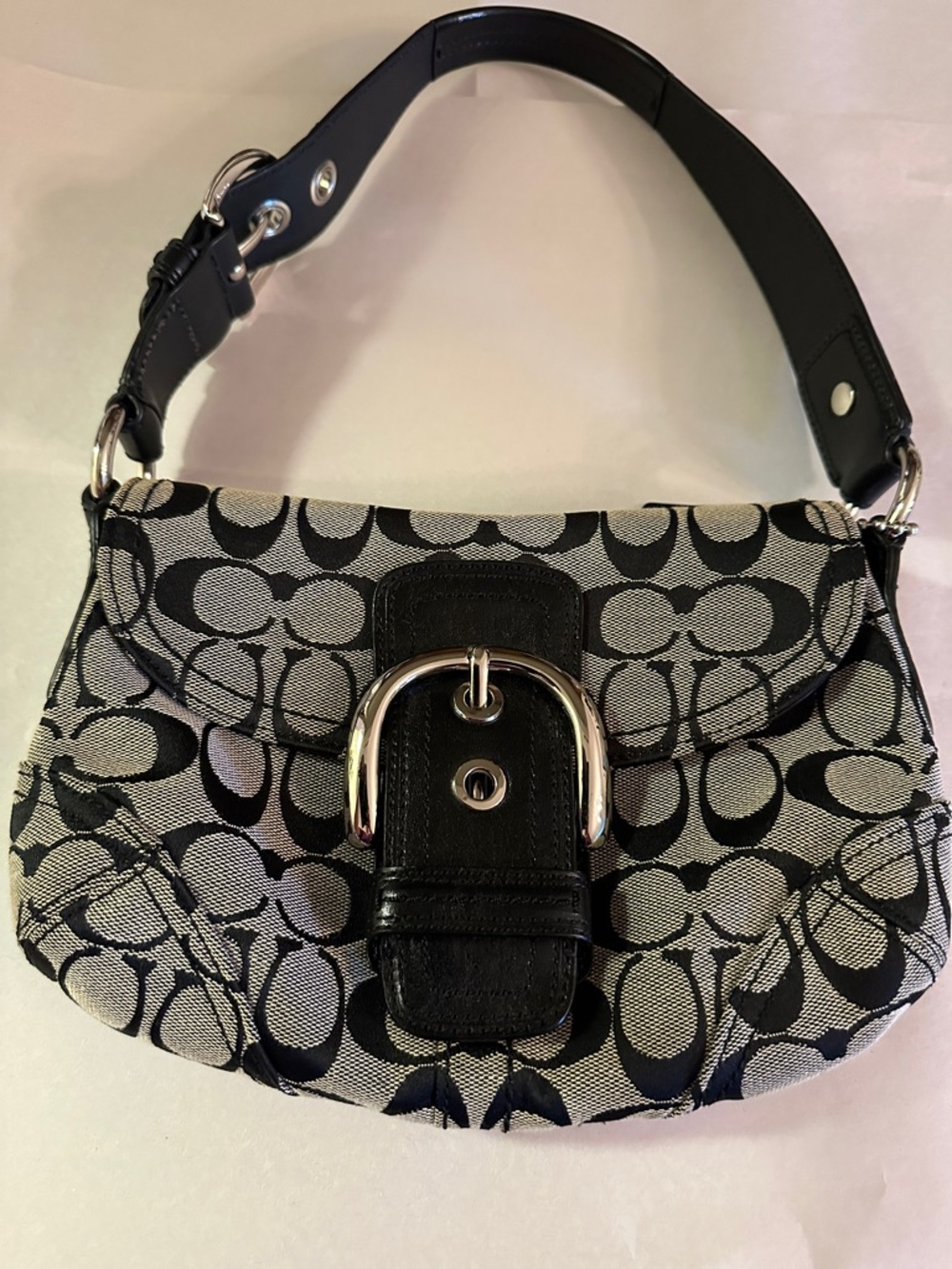 Coach Black and Gray Signature Canvas Shoulder Bag with Buckle